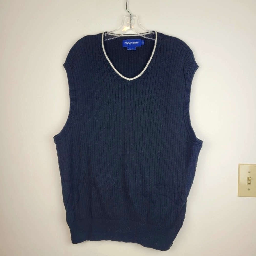 Polo Golf Ralph Lauren Black White trim Men's Sweater Vest Preppy V Neck XL